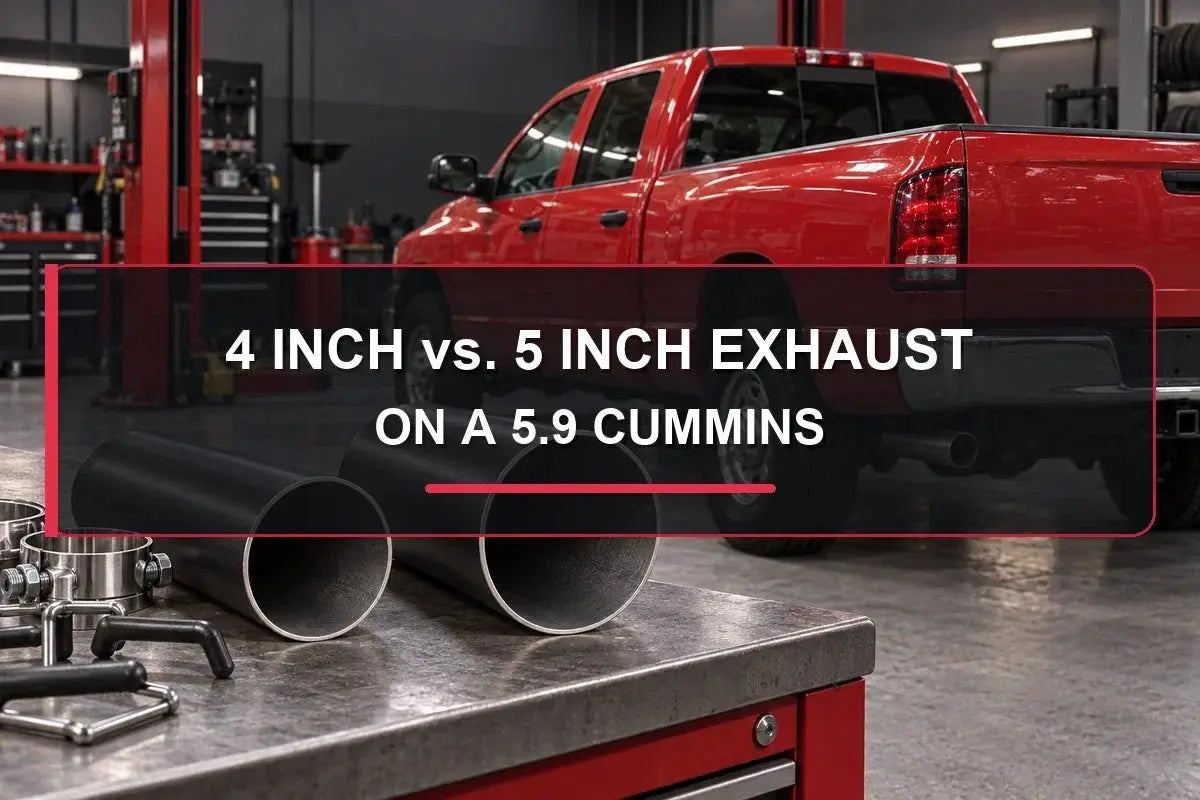 4-inch and 5-inch exhaust tube comparison beside a 2004.5–2007 5.9 Cummins pickup in a workshop