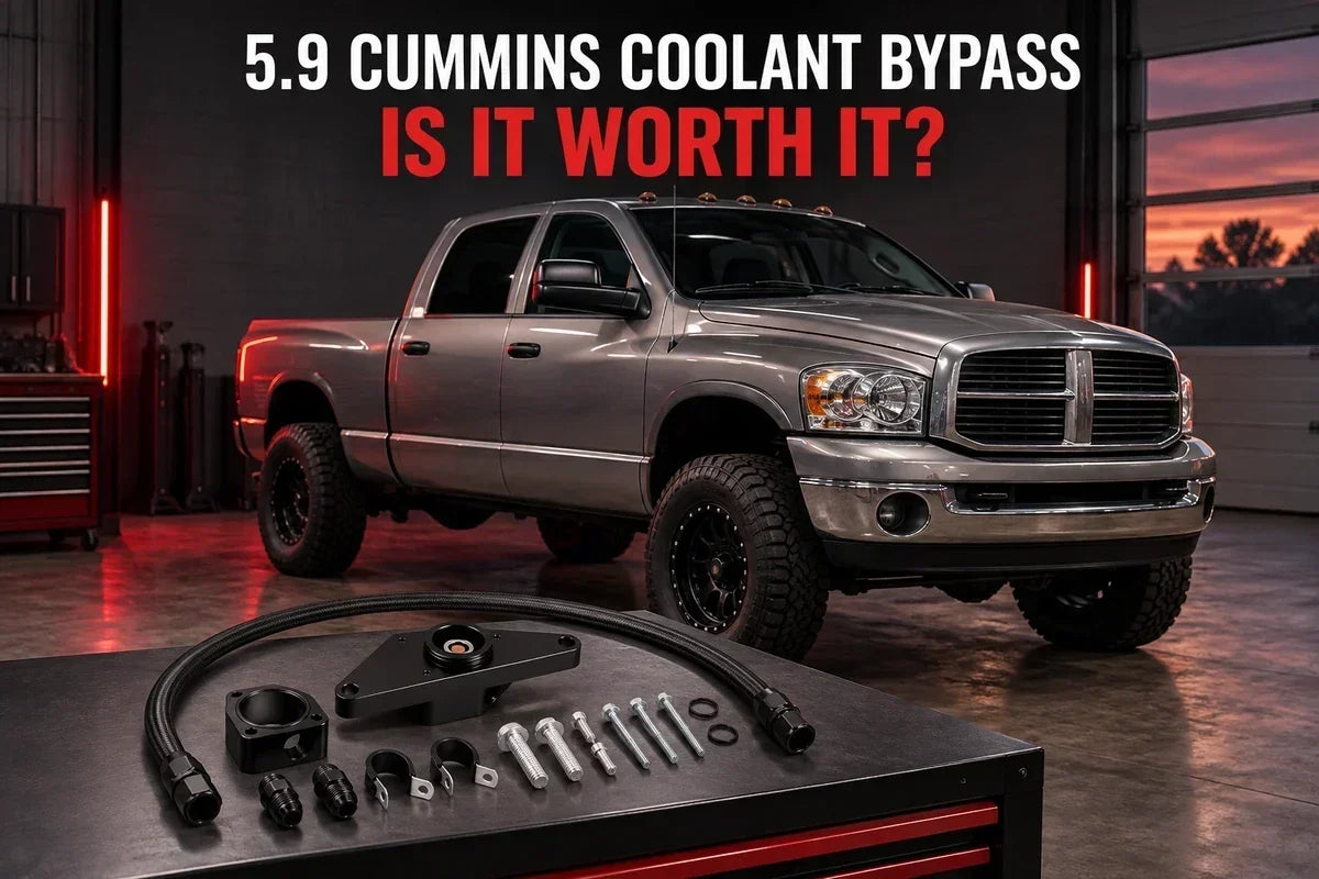 2003–2007 heavy-duty diesel pickup and 5.9 Cummins coolant bypass kit in a professional workshop