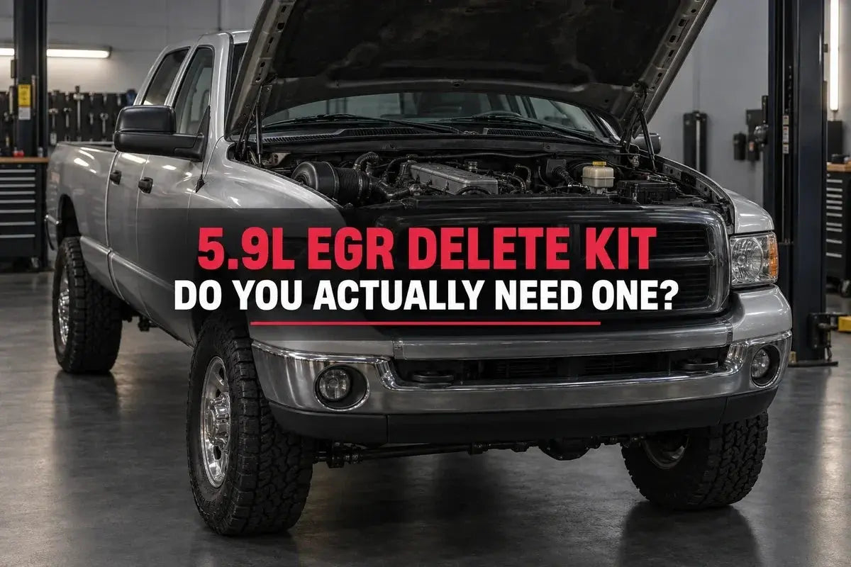 Unbranded 2003–2007 heavy-duty pickup in a workshop with a 5.9L EGR delete kit question