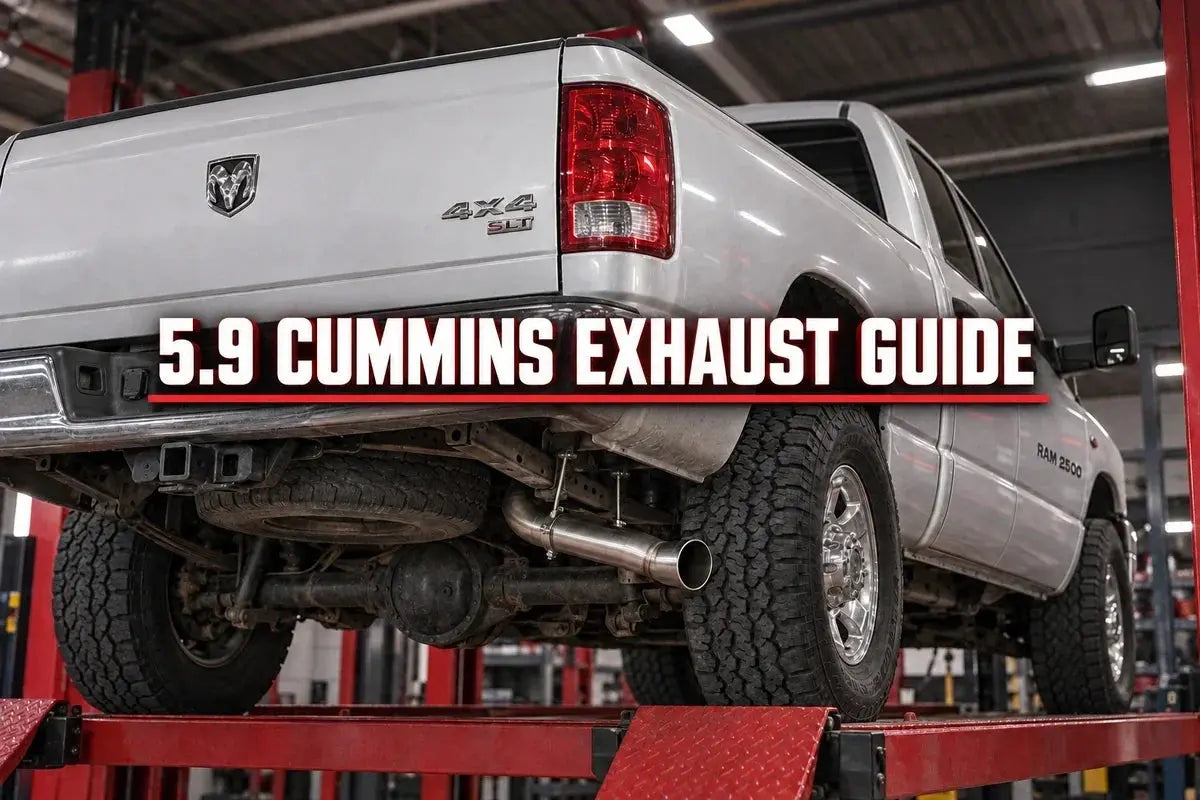 2003–2007 third-generation Ram 2500 on a lift with a single-side 5.9 Cummins turbo-back exhaust