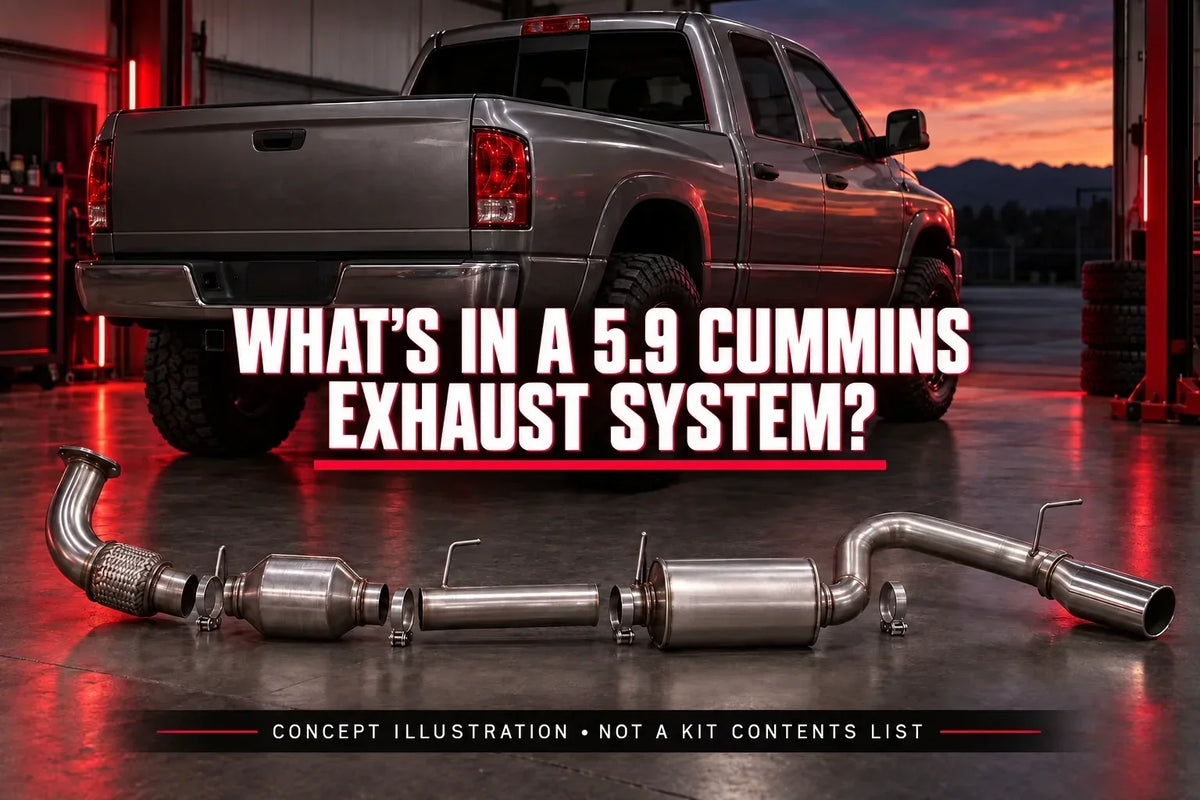 Concept illustration for a 5.9 Cummins exhaust guide, showing a pickup and exhaust components