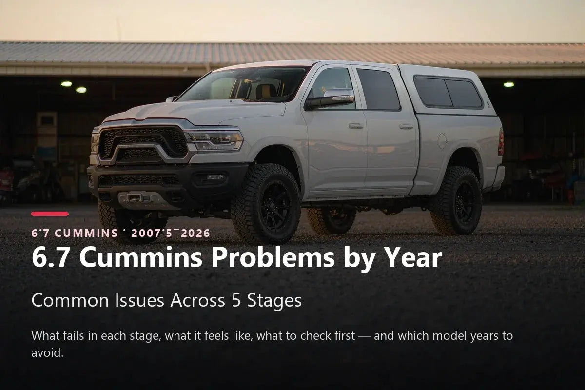Ram 2500 Cummins diesel pickup below a headline reading 6.7 Cummins Problems by Year