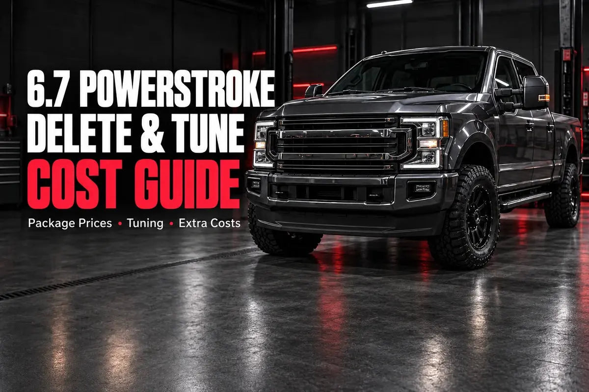 Black Super Duty pickup in a garage with 6.7 Powerstroke Delete & Tune Cost Guide text.