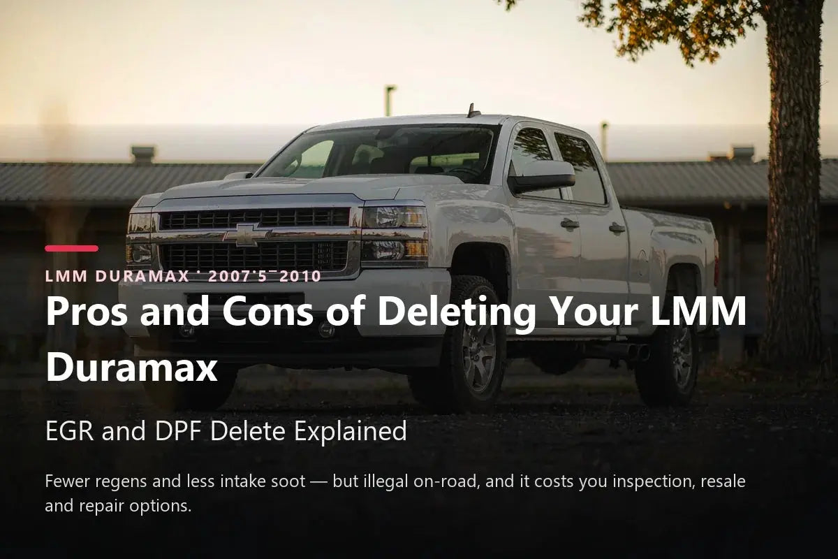 Chevrolet Silverado HD Duramax diesel pickup below a headline reading Pros and Cons of Deleting Your LMM Duramax