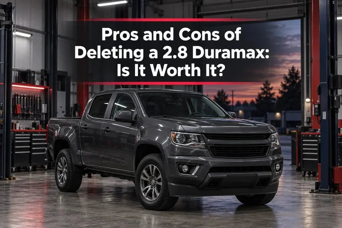 Gray 2.8L Duramax midsize pickup in a diesel workshop with the article title about delete pros and cons