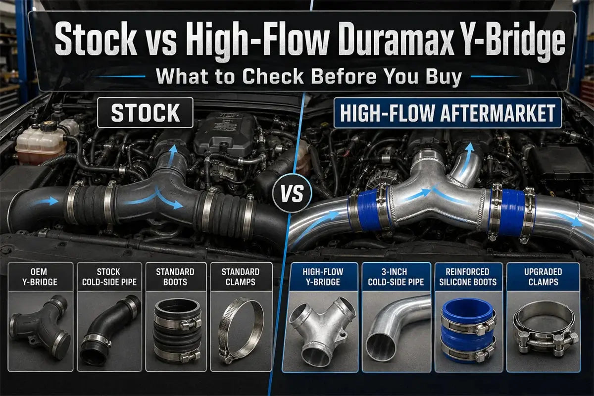 Stock vs high-flow aftermarket Duramax Y-Bridge comparison for diesel truck upgrade