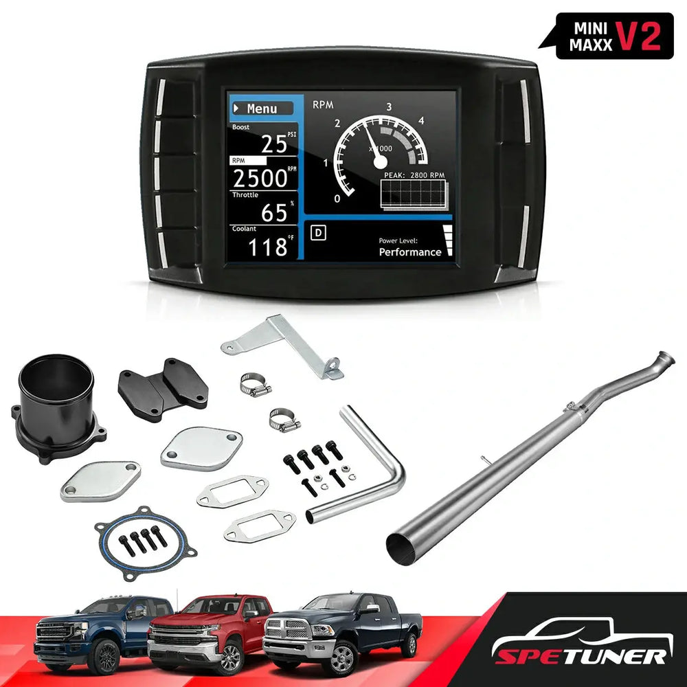 Mini Maxx V2 tuner, black EGR delete kit, and 4-inch DPF delete pipe for 2007.5–2009 Ram 6.7L Cummins