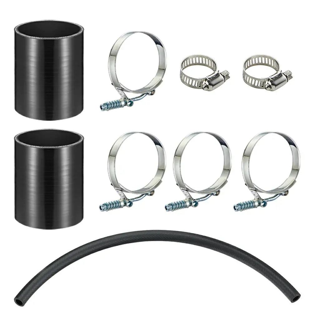 Installation hardware kit including silicone boots, T-bolt clamps, worm gear clamps, and heater hose for 06-10 6.6 Duramax LBZ LMM intercooler pipe upgrade.