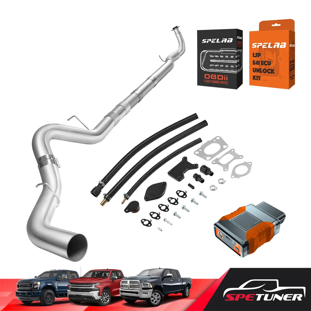 OBDII unlock-and-tune kit, black EGR delete components, and 5-inch turbo-back exhaust with muffler for 2017–2023 L5P 6.6L Duramax